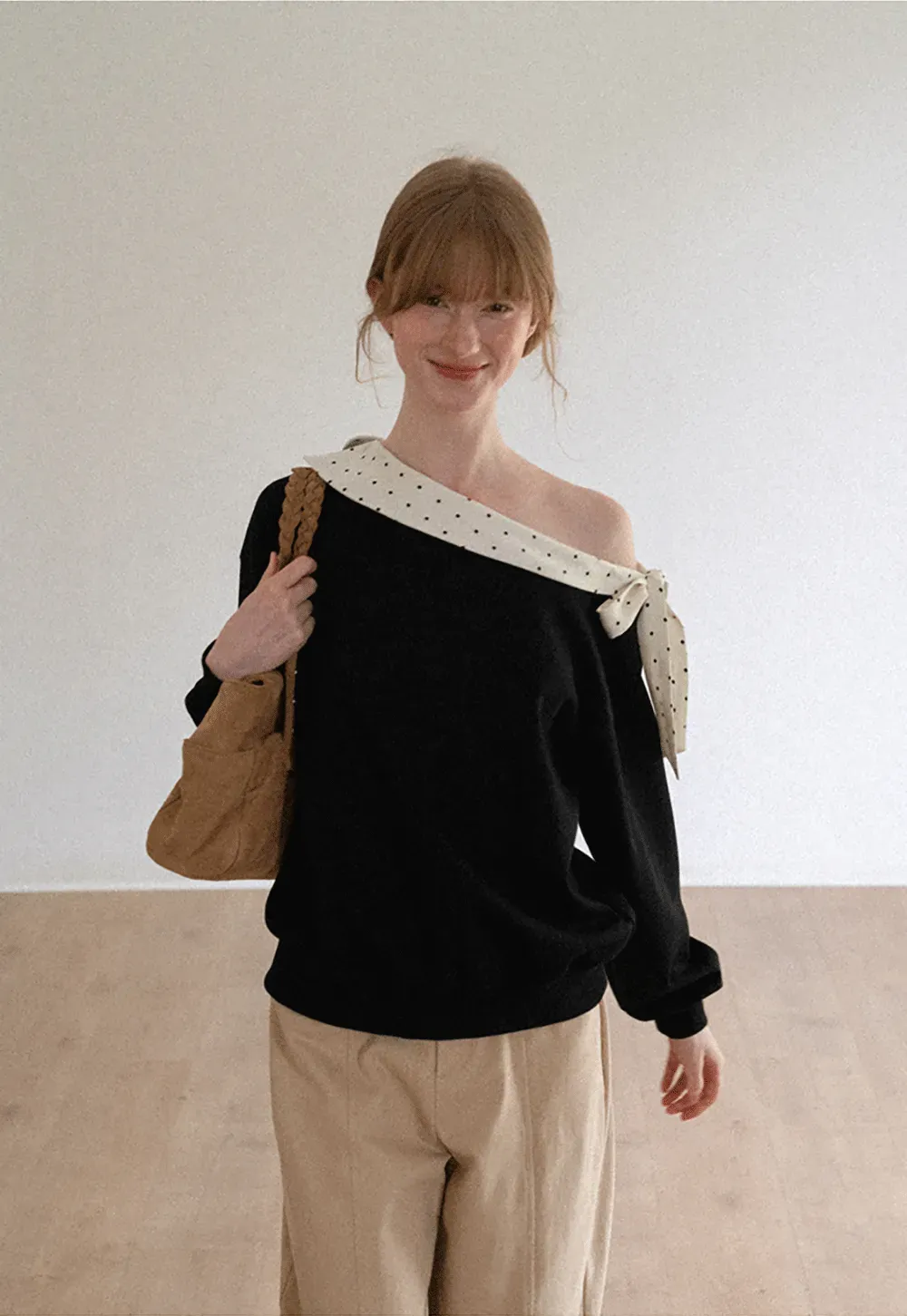 Polka Dot Bow Trim Off Shoulder Sweatshirt
