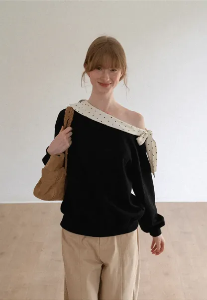 Polka Dot Bow Trim Off Shoulder Sweatshirt