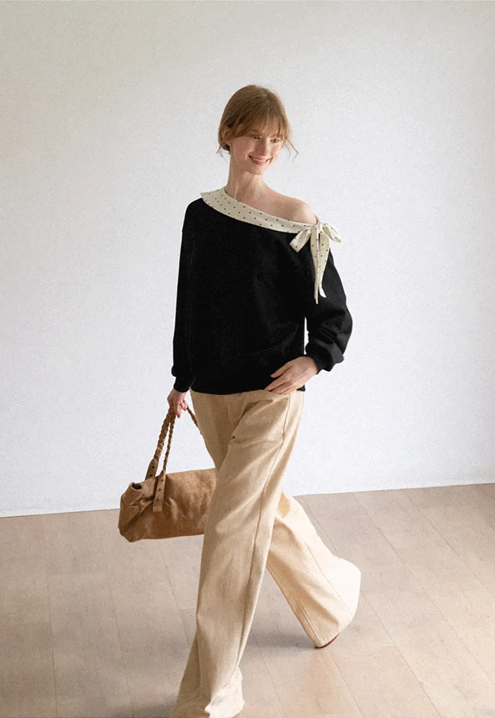 Polka Dot Bow Trim Off Shoulder Sweatshirt