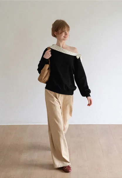 Polka Dot Bow Trim Off Shoulder Sweatshirt