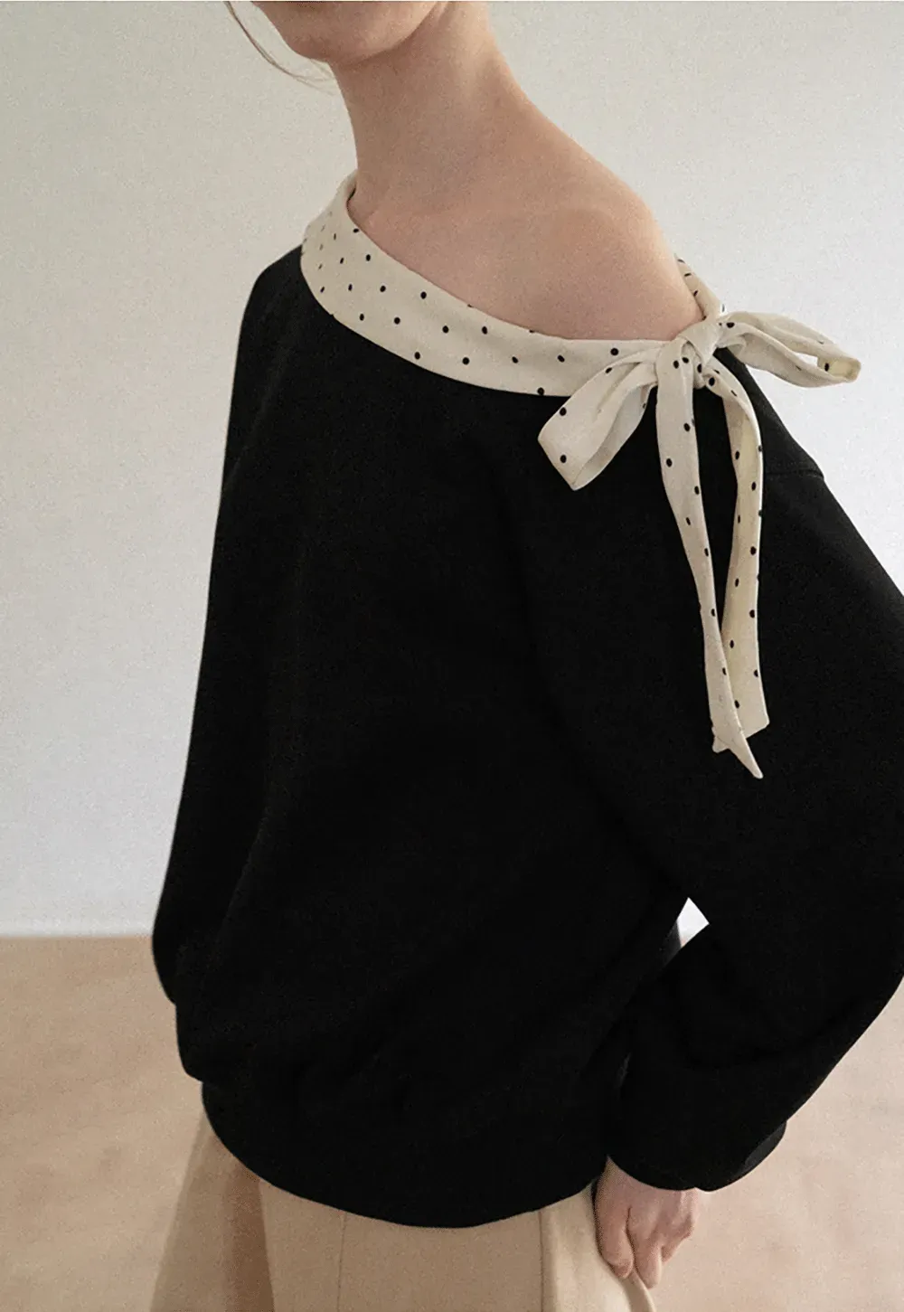 Polka Dot Bow Trim Off Shoulder Sweatshirt
