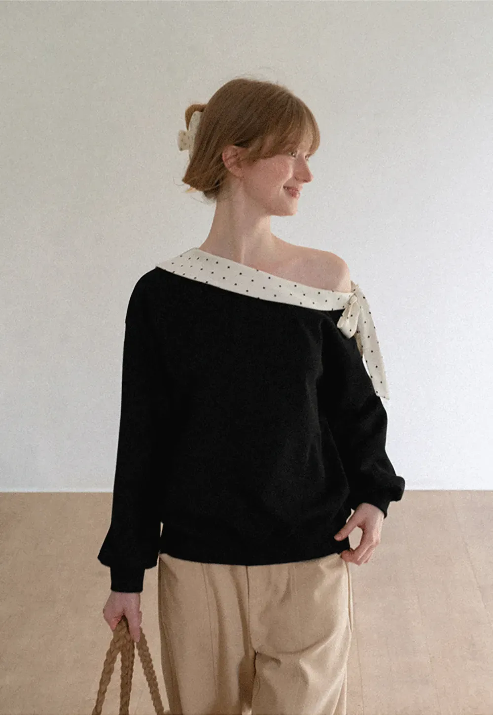 Polka Dot Bow Trim Off Shoulder Sweatshirt