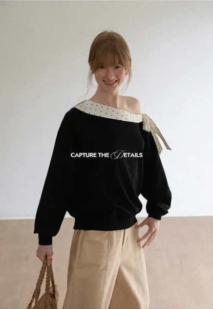 Polka Dot Bow Trim Off Shoulder Sweatshirt