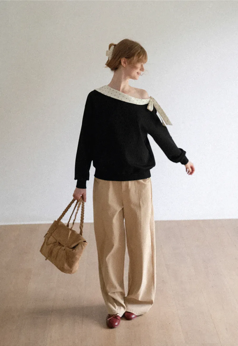 Polka Dot Bow Trim Off Shoulder Sweatshirt
