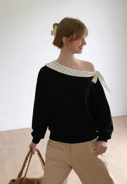 Polka Dot Bow Trim Off Shoulder Sweatshirt