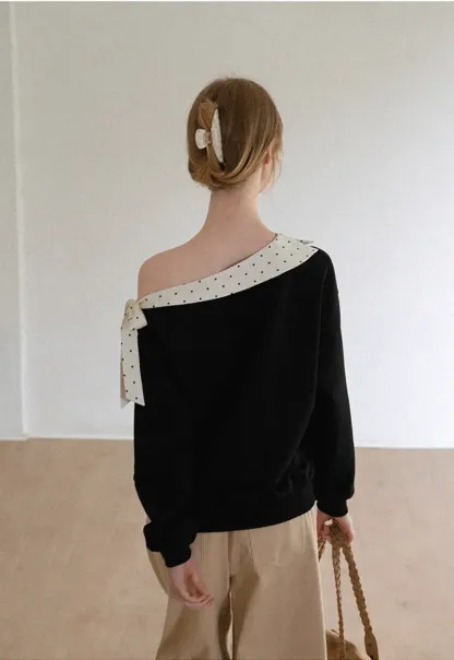 Polka Dot Bow Trim Off Shoulder Sweatshirt