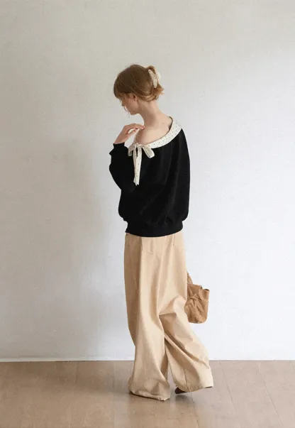 Polka Dot Bow Trim Off Shoulder Sweatshirt