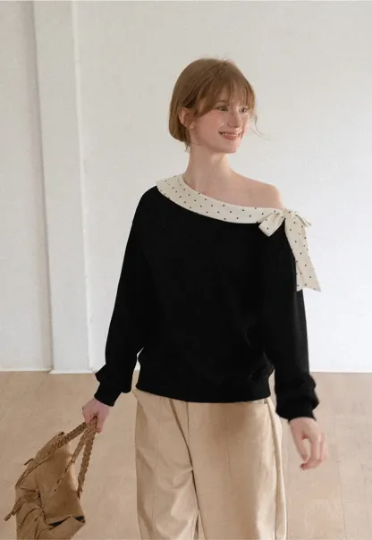Polka Dot Bow Trim Off Shoulder Sweatshirt