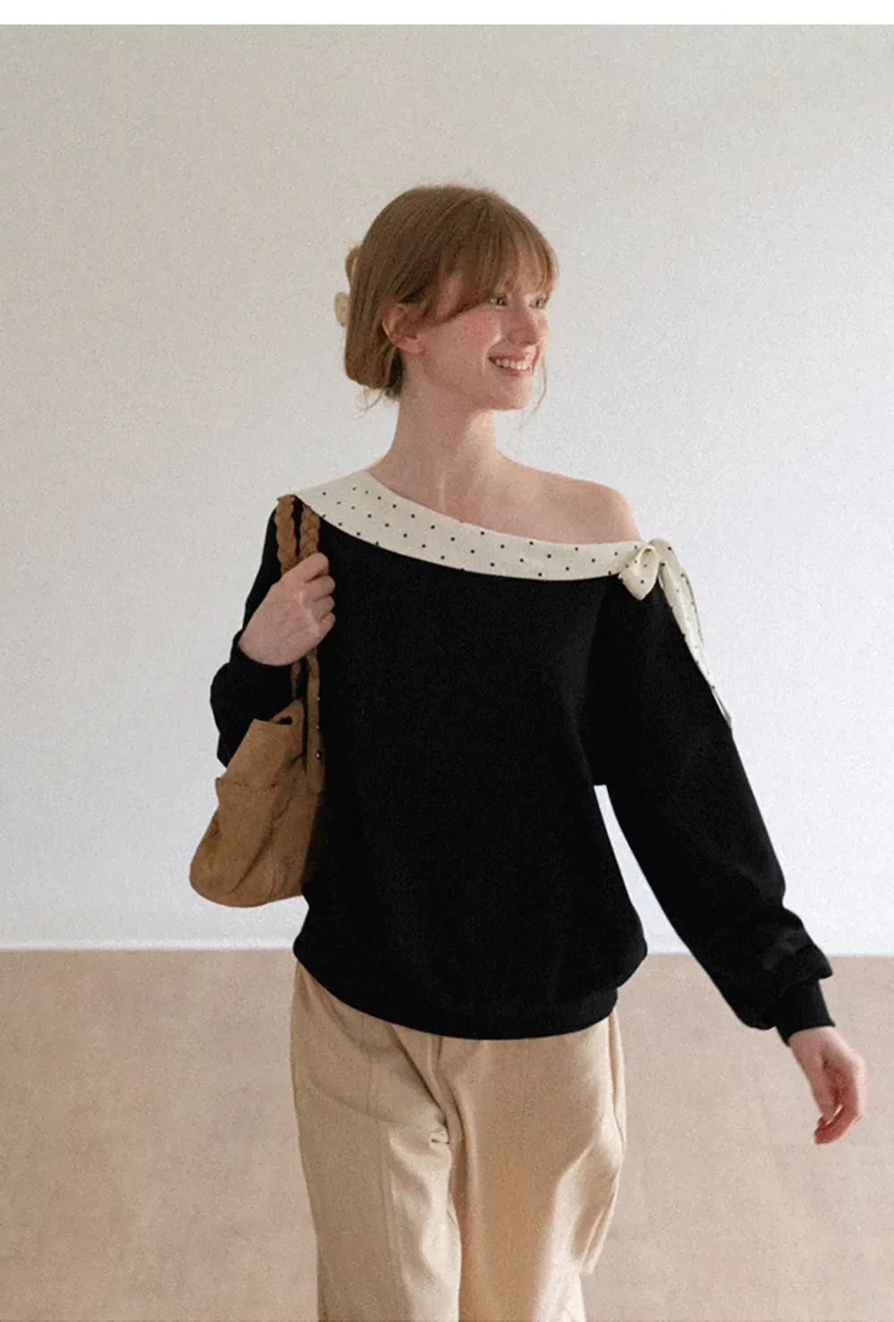 Polka Dot Bow Trim Off Shoulder Sweatshirt