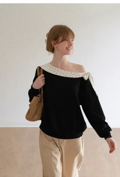 Polka Dot Bow Trim Off Shoulder Sweatshirt