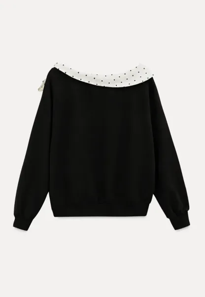 Polka Dot Bow Trim Off Shoulder Sweatshirt