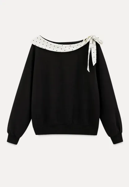 Polka Dot Bow Trim Off Shoulder Sweatshirt