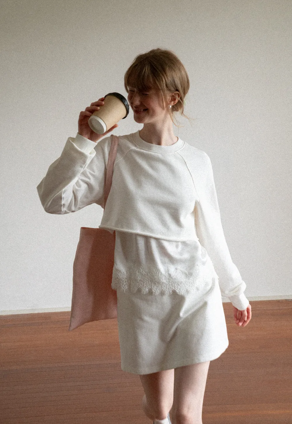 Lace Trim Cropped Sweatshirt and Skirt Set