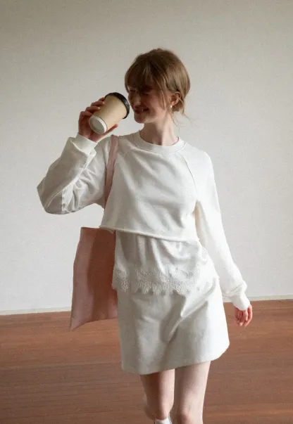 Lace Trim Cropped Sweatshirt and Skirt Set