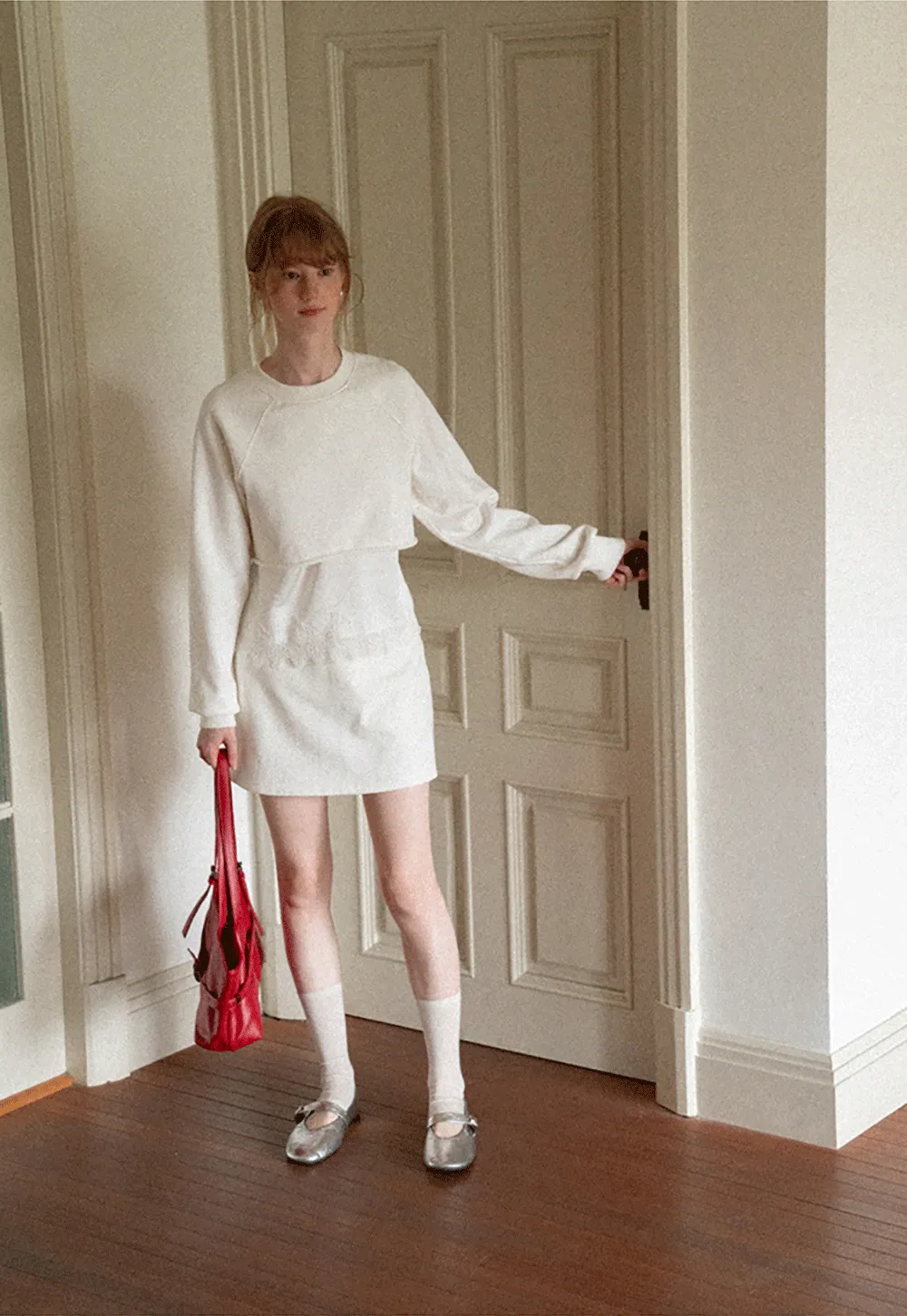 Lace Trim Cropped Sweatshirt and Skirt Set