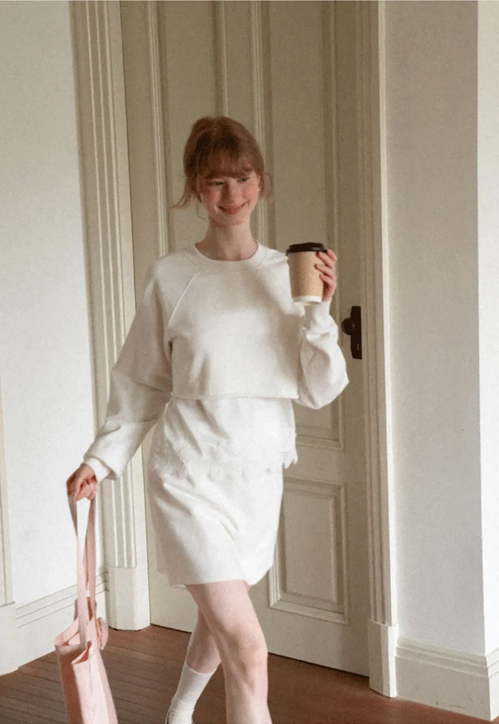 Lace Trim Cropped Sweatshirt and Skirt Set