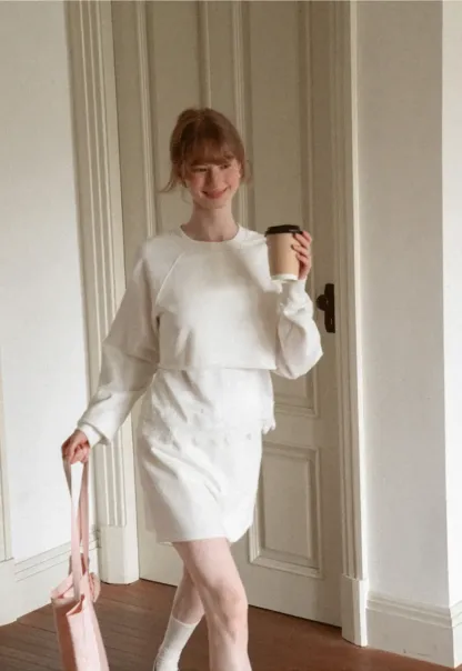 Lace Trim Cropped Sweatshirt and Skirt Set