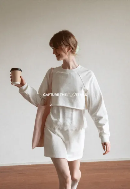 Lace Trim Cropped Sweatshirt and Skirt Set