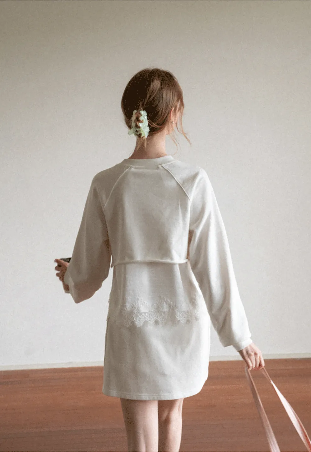 Lace Trim Cropped Sweatshirt and Skirt Set