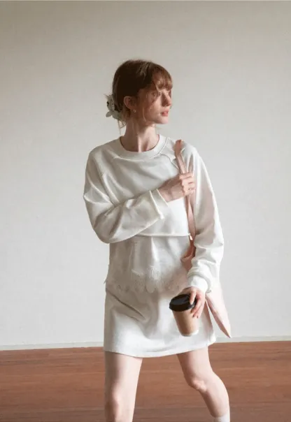Lace Trim Cropped Sweatshirt and Skirt Set