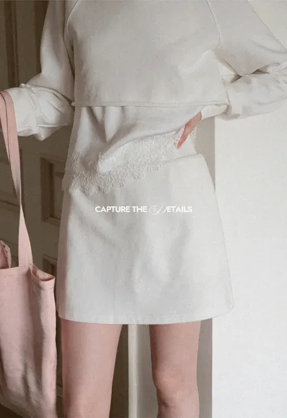 Lace Trim Cropped Sweatshirt and Skirt Set