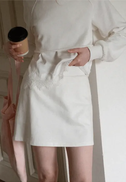 Lace Trim Cropped Sweatshirt and Skirt Set