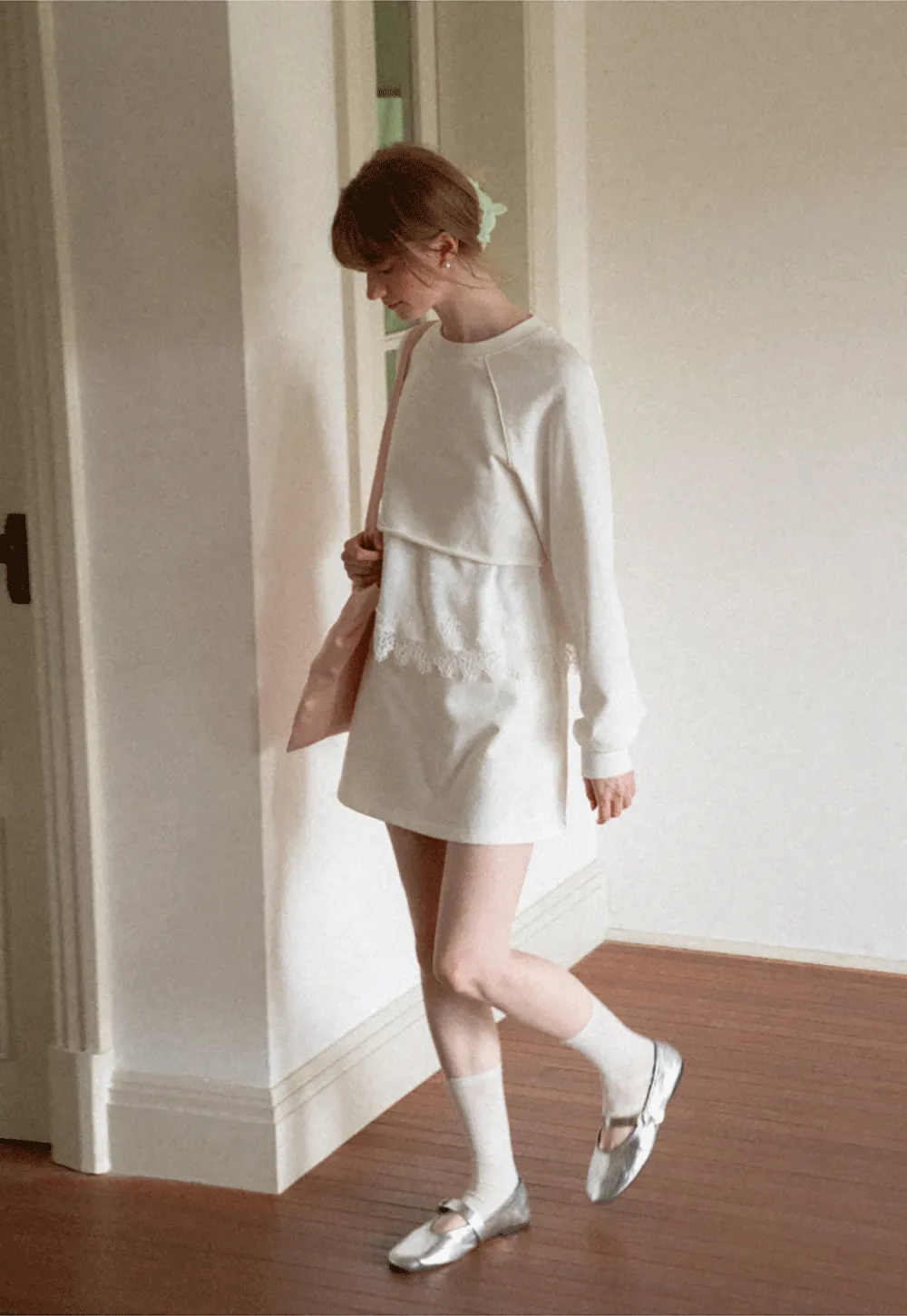 Lace Trim Cropped Sweatshirt and Skirt Set