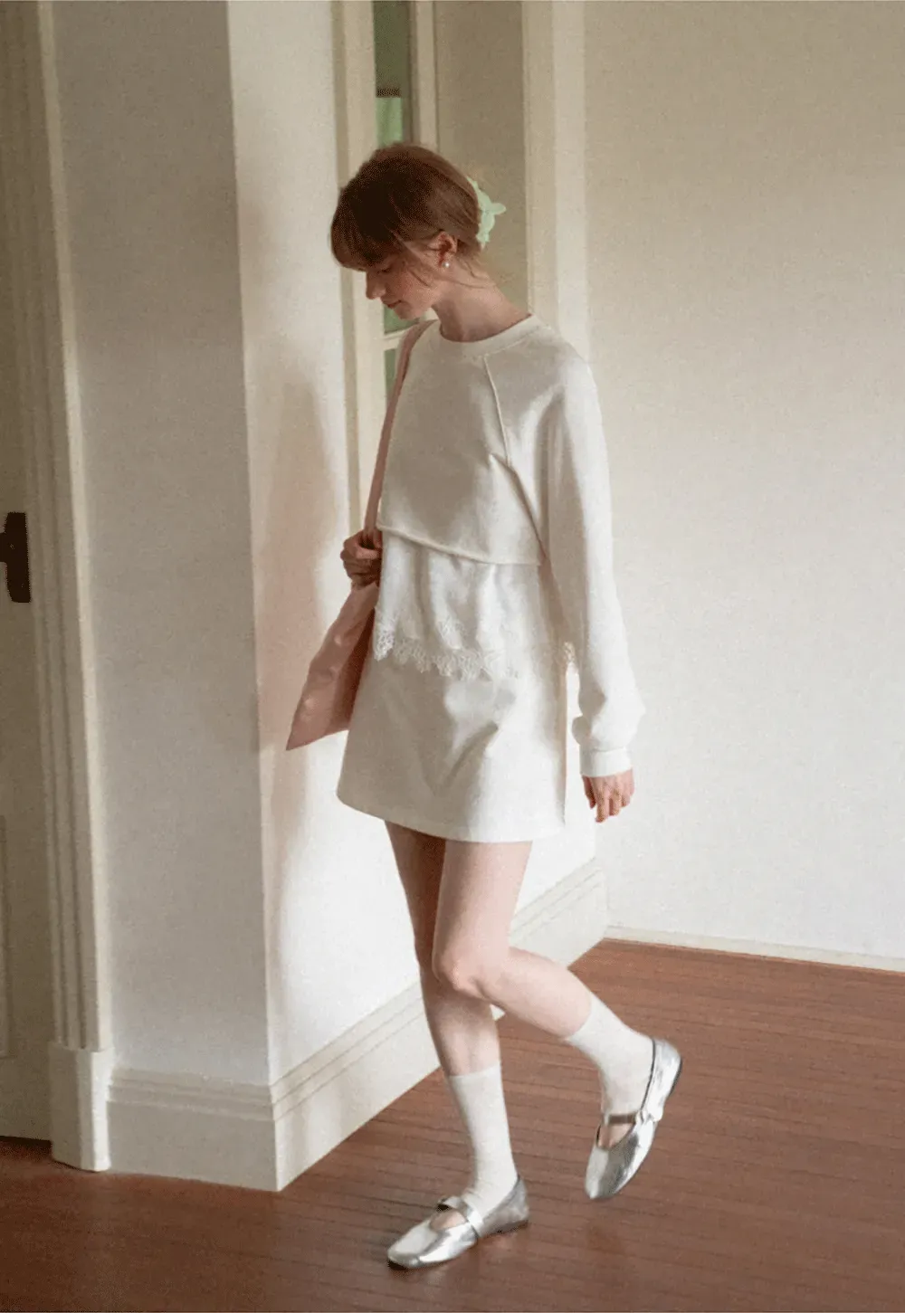 Lace Trim Cropped Sweatshirt and Skirt Set