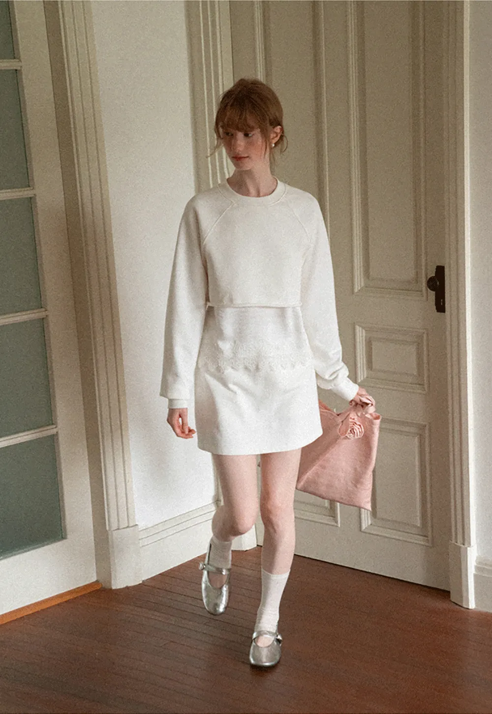 Lace Trim Cropped Sweatshirt and Skirt Set