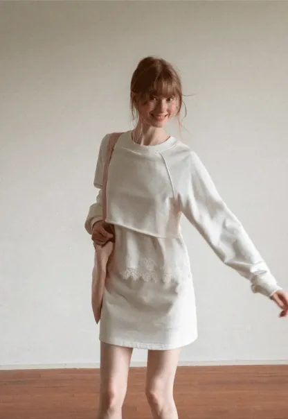 Lace Trim Cropped Sweatshirt and Skirt Set