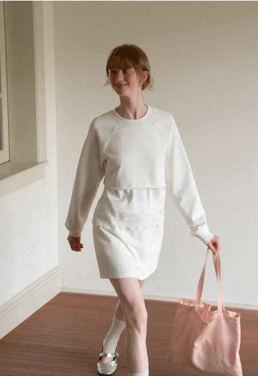 Lace Trim Cropped Sweatshirt and Skirt Set