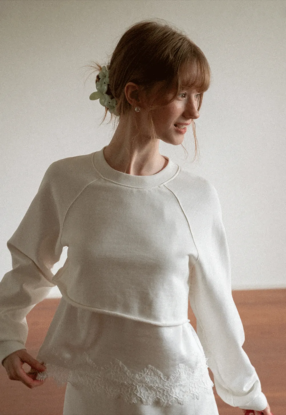 Lace Trim Cropped Sweatshirt and Skirt Set