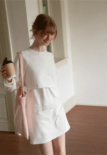Lace Trim Cropped Sweatshirt and Skirt Set
