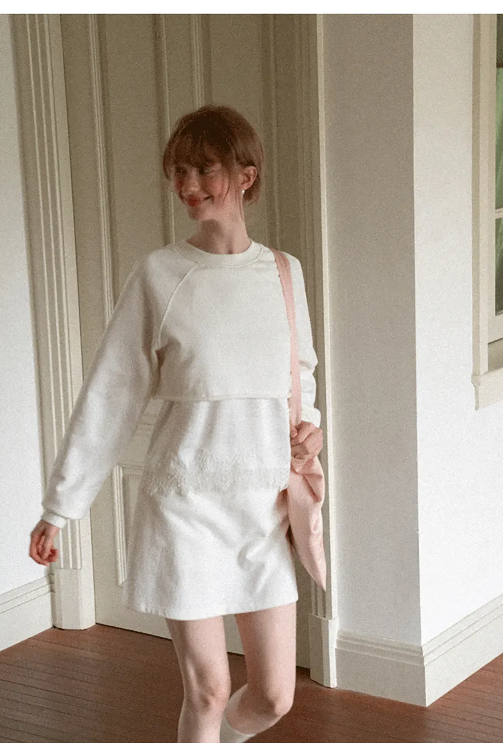 Lace Trim Cropped Sweatshirt and Skirt Set
