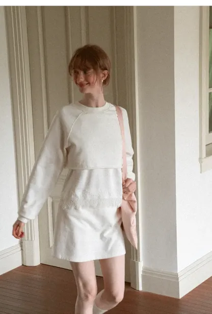Lace Trim Cropped Sweatshirt and Skirt Set