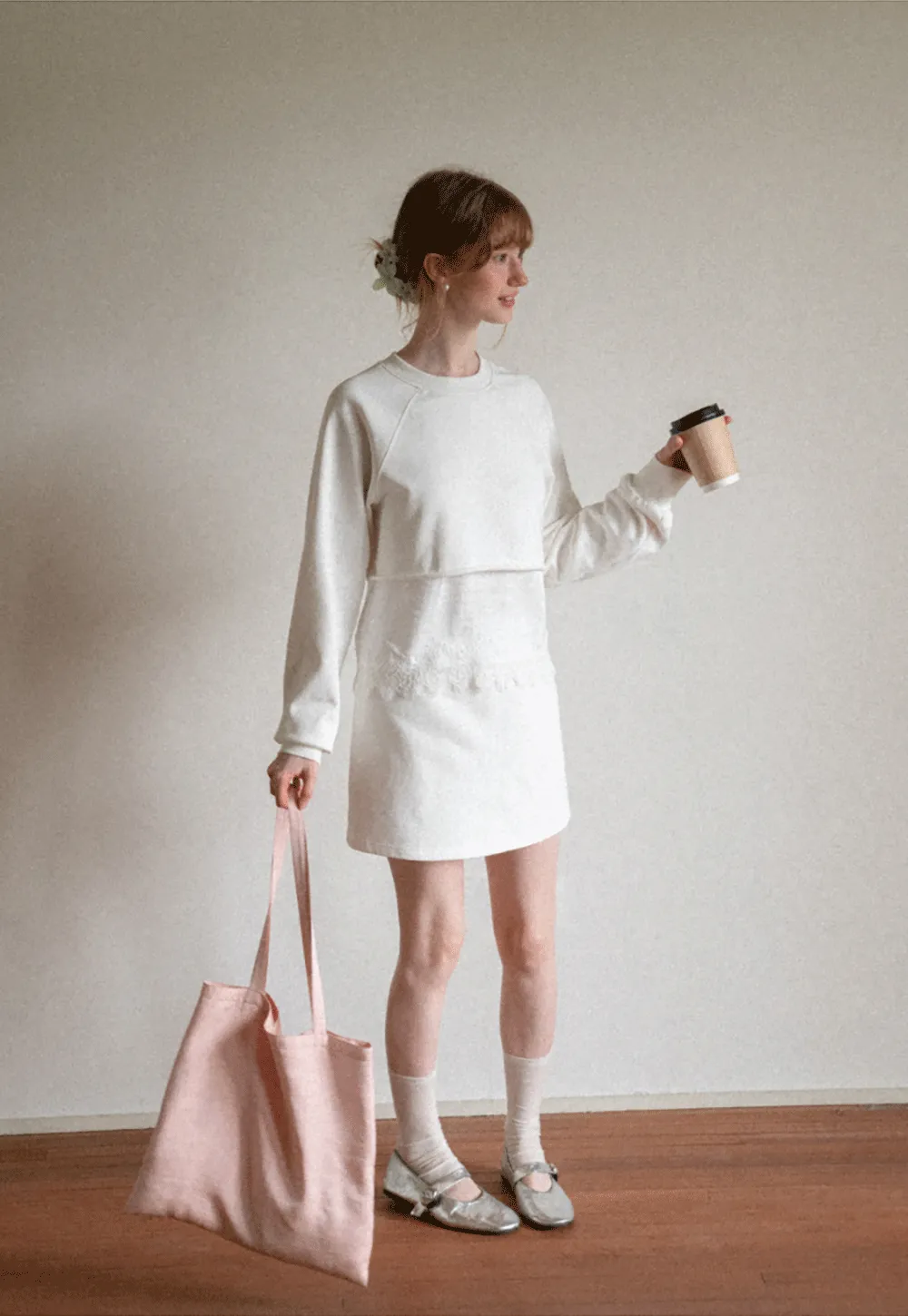 Lace Trim Cropped Sweatshirt and Skirt Set