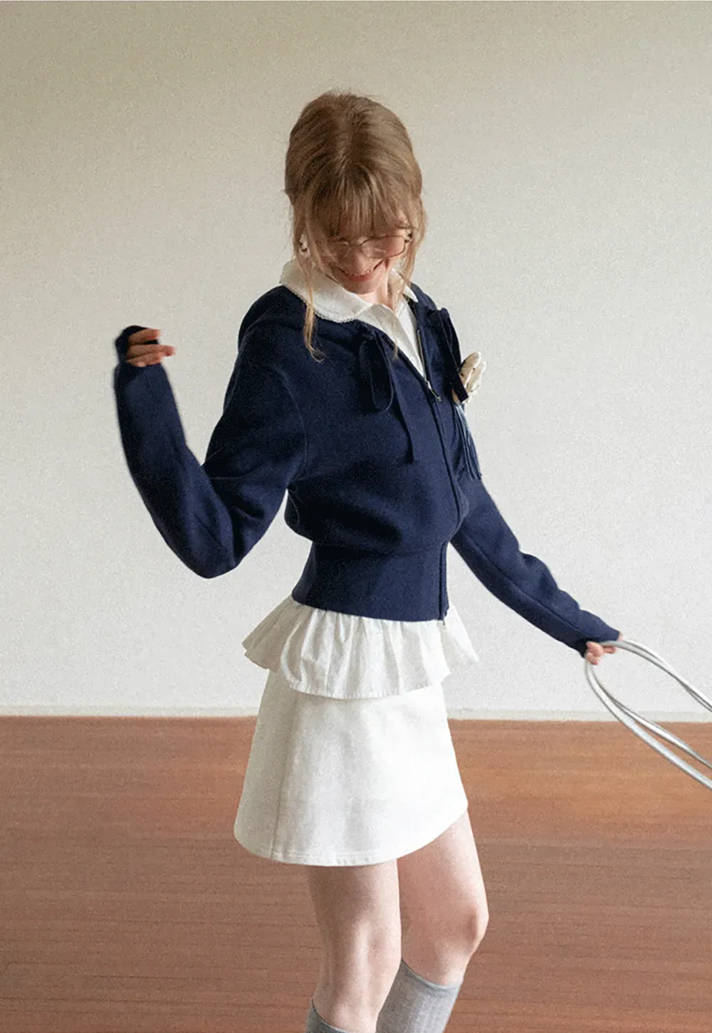 Lace Trim Cropped Sweatshirt and Skirt Set