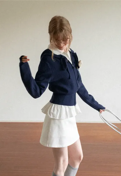 Lace Trim Cropped Sweatshirt and Skirt Set