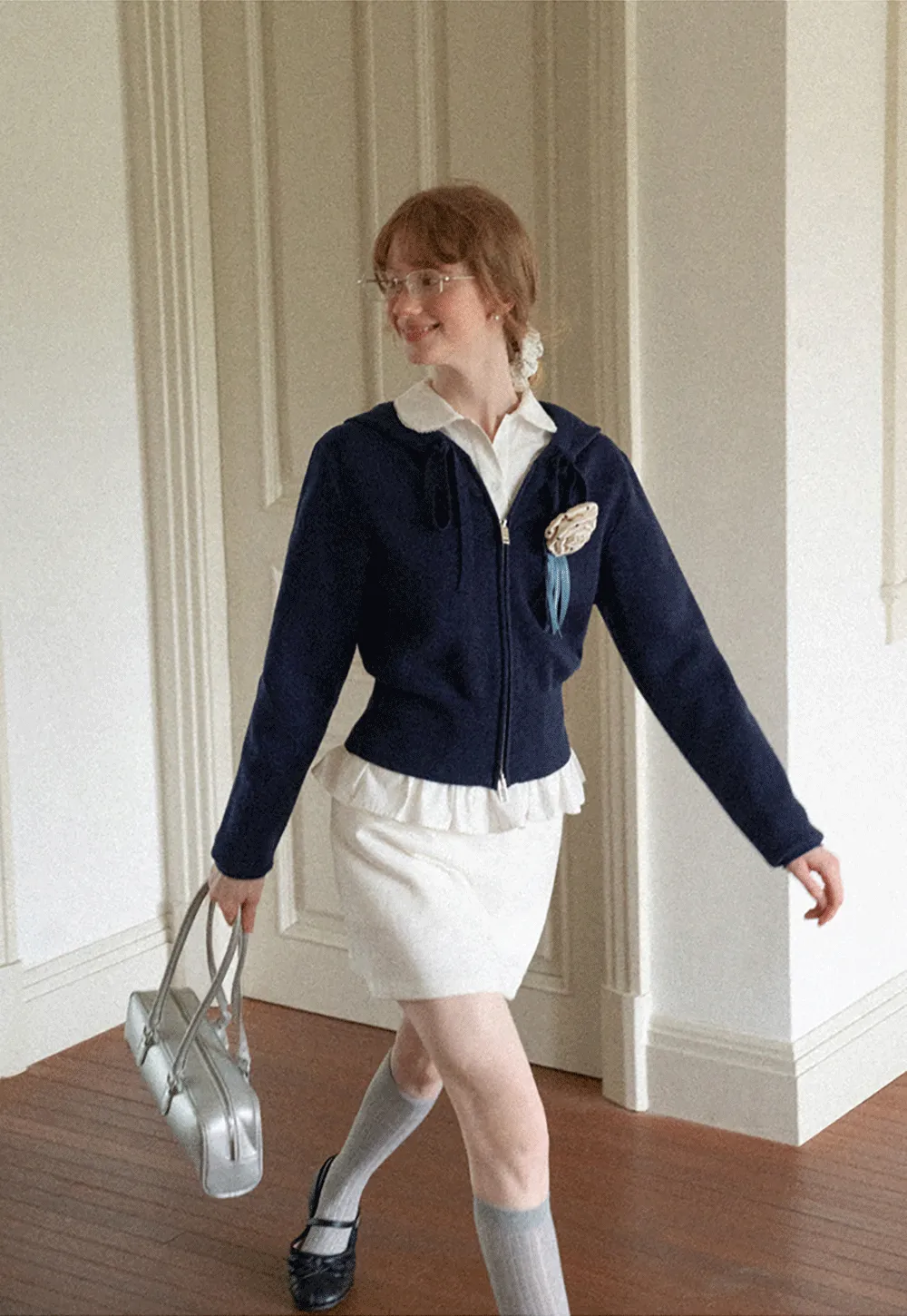 Lace Trim Cropped Sweatshirt and Skirt Set