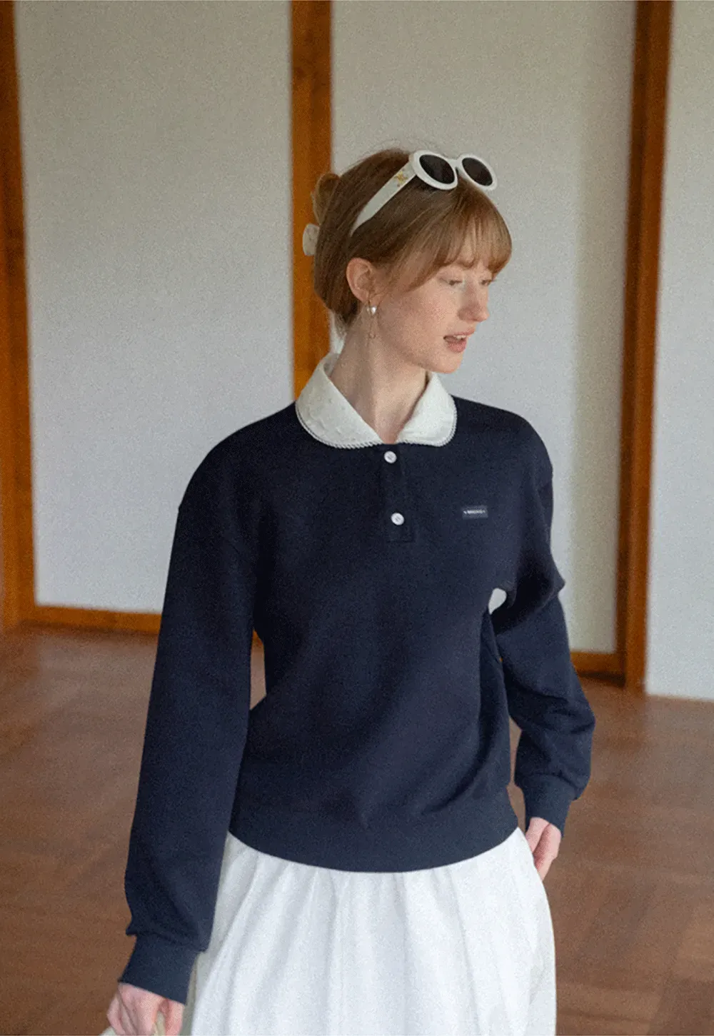 Contrast Collar Long Sleeve Polo Sweater