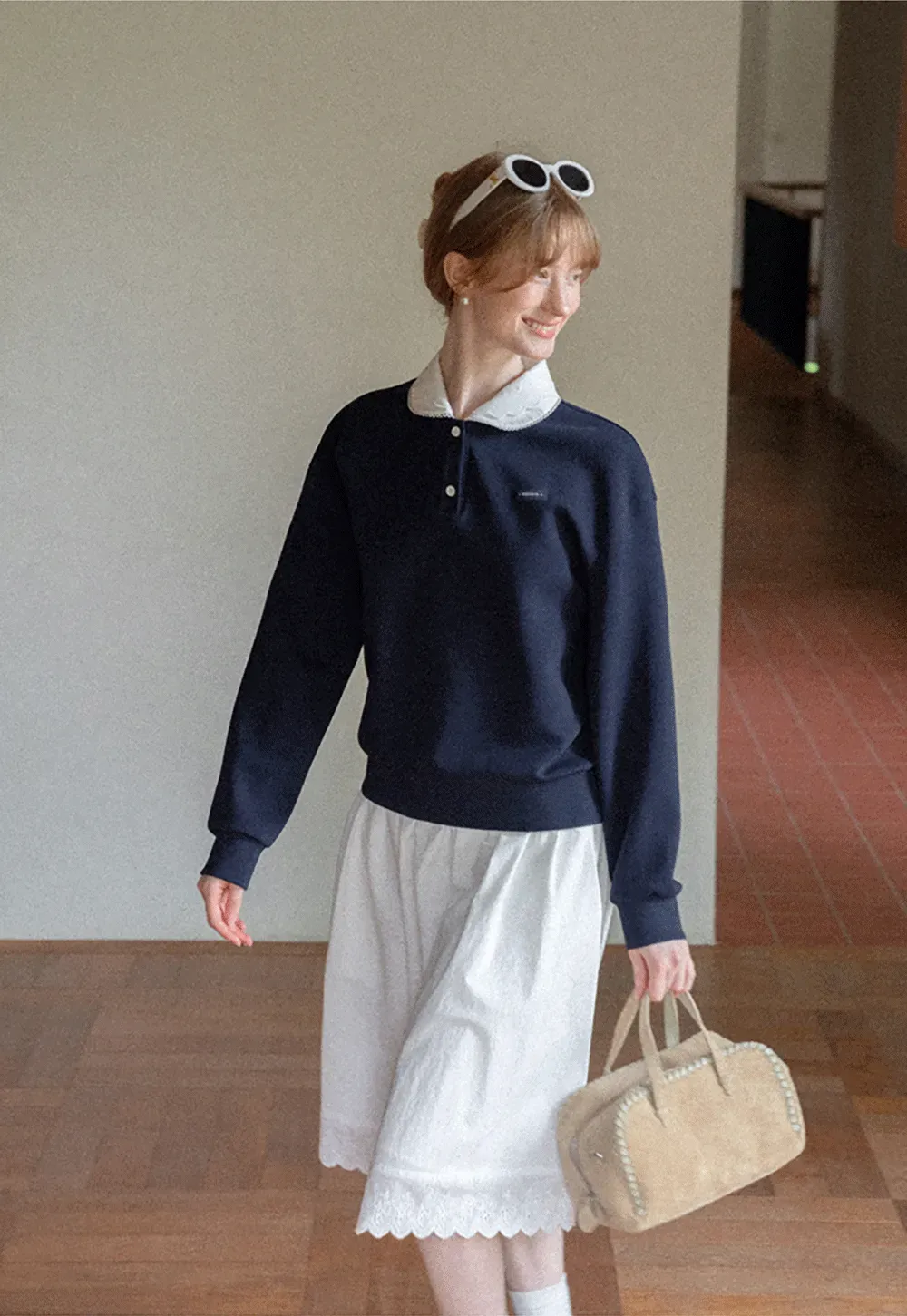 Contrast Collar Long Sleeve Polo Sweater