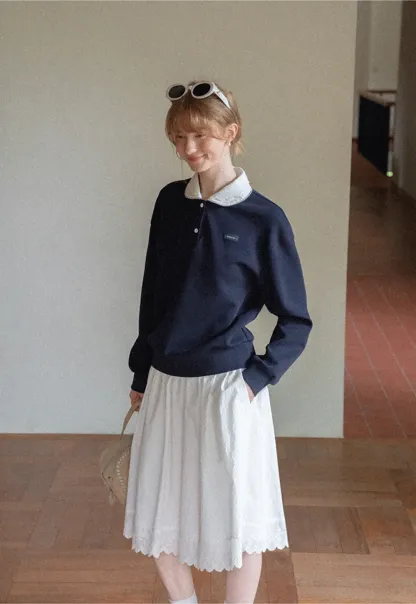 Contrast Collar Long Sleeve Polo Sweater