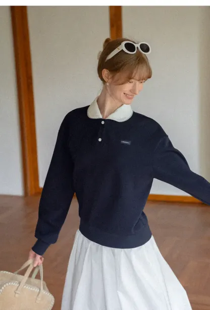 Contrast Collar Long Sleeve Polo Sweater