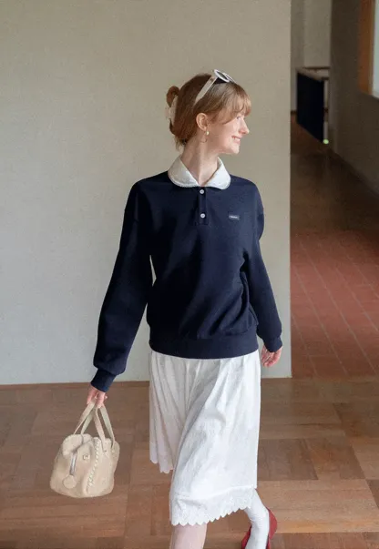 Contrast Collar Long Sleeve Polo Sweater
