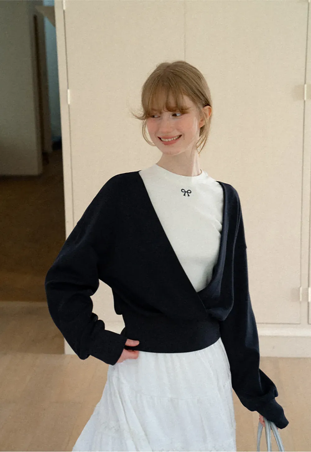 V Neck Wrap Front Cropped Knit Sweater