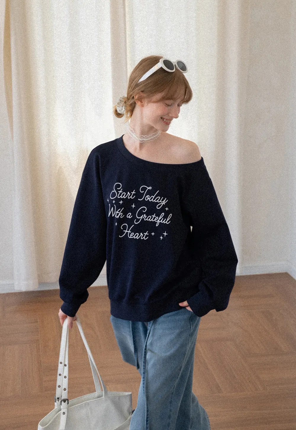 Off Shoulder Sweatshirt with Embroidered Script Design