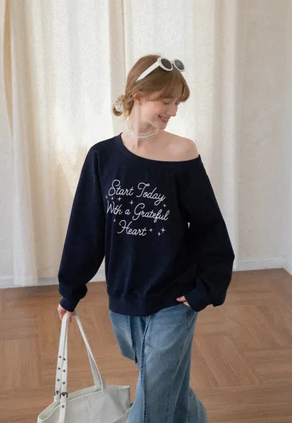 Off Shoulder Sweatshirt with Embroidered Script Design