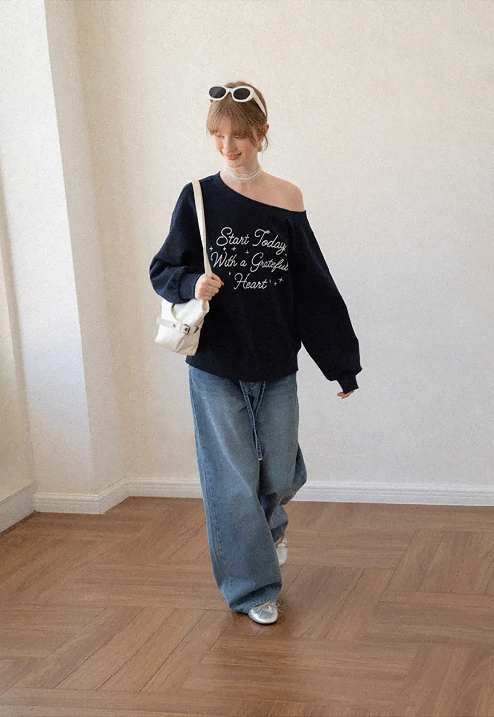 Off Shoulder Sweatshirt with Embroidered Script Design