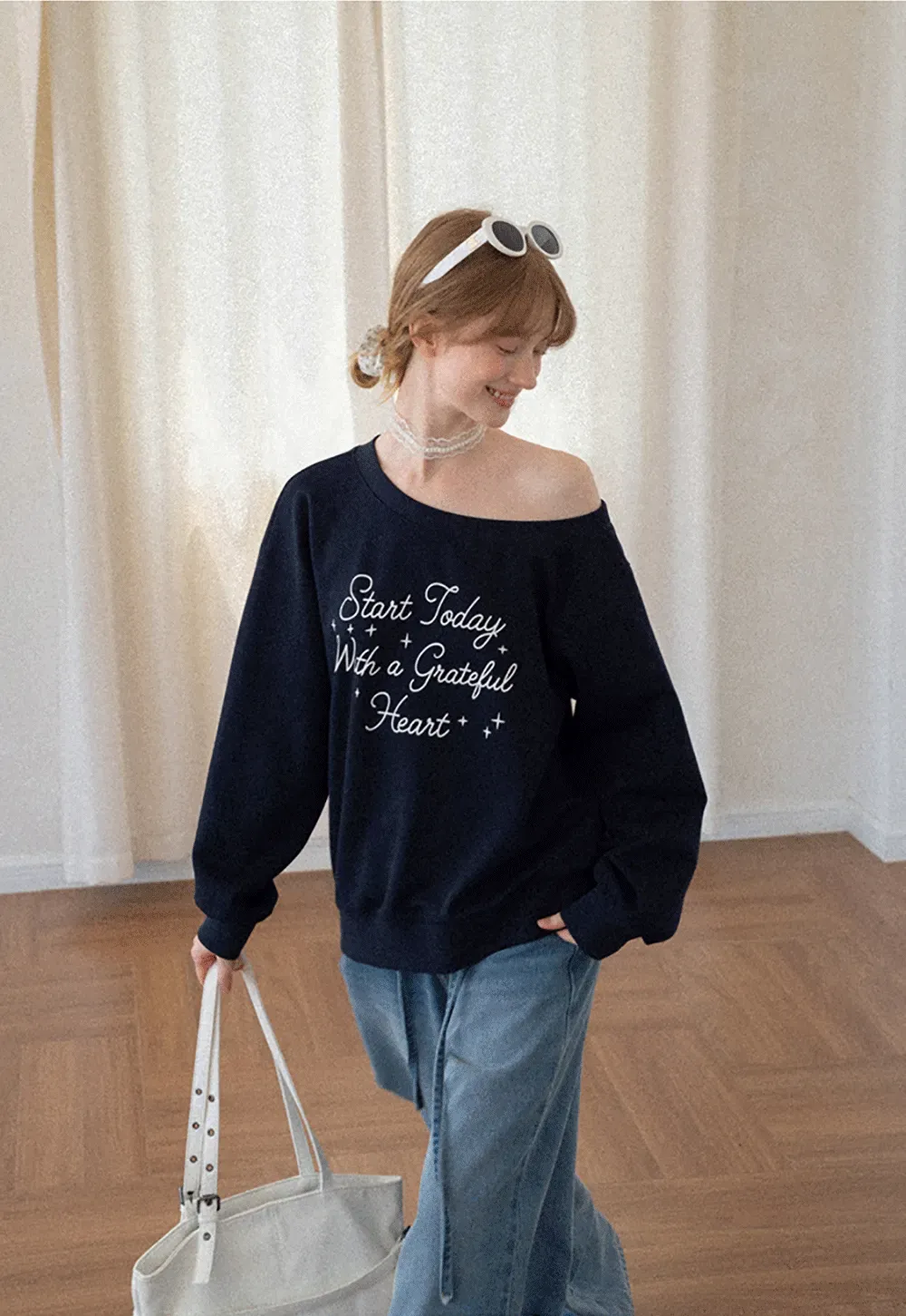 Off Shoulder Sweatshirt with Embroidered Script Design
