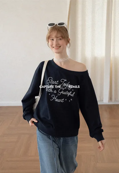 Off Shoulder Sweatshirt with Embroidered Script Design